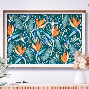 Hummingbirds Print, 4 Colorways, Colourful Art, Home decor, Bird of Paradise Flower, Large Art Print image 1