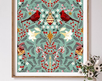 Christmas Day Art Print, Cardinals, Christmas Ornaments, Botanical Symmetrical Pattern