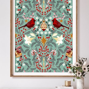 Christmas Day Art Print, Cardinals, Christmas Ornaments, Botanical Symmetrical Pattern