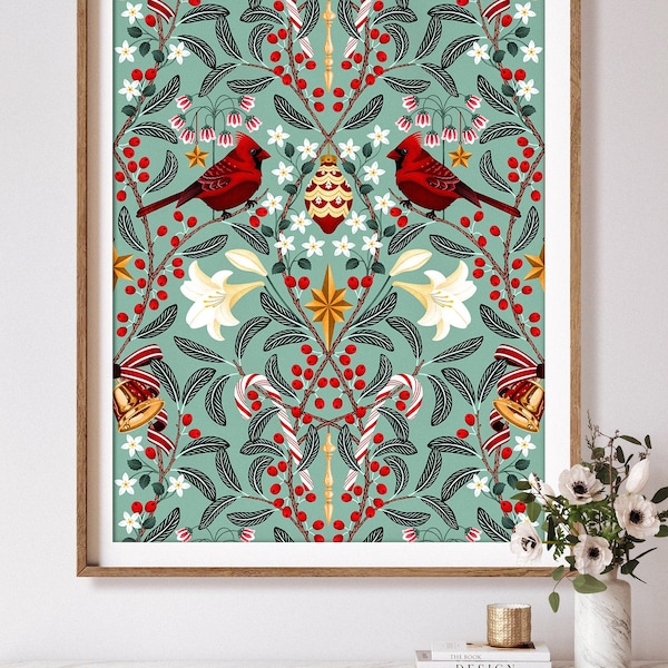 Christmas Day Art Print, Cardinals, Christmas Ornaments, Botanical Symmetrical Pattern