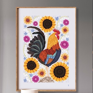 Rooster Large Art Print, Floral Design, Sunflowers and Wildflowers