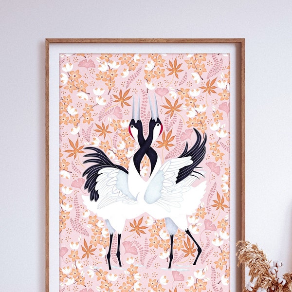 Japanese Crane Art Print, 4 Colorways, Floral Design, Cherry Blossom, Pink Art, Home Decor, Giclee Print, Japan Art