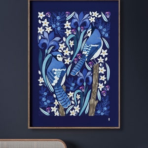 Blue Jay Art Print, Canada Art, Marine Blue Decor, Floral Design, Canadian Bird Design