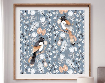 Magpie Fine Art Print, 4 Colourways, Floral Painting, Square Print, Bedroom Wall Decor