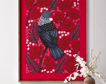 Tui Art Print, New Zealand Art, Floral Design, Large Art Print, Kiwiana