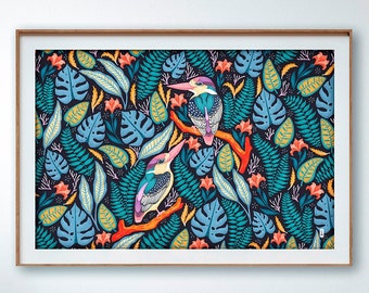 Exotic Kingfishers, Fine Art Print, Summer Colorway, Giclee Print, Folklore Botanical Art, Large Print