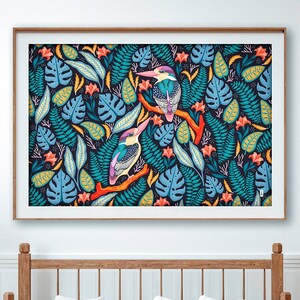 Exotic Kingfishers, Fine Art Print, Summer Colorway, Giclee Print, Folklore Botanical Art, Large Print