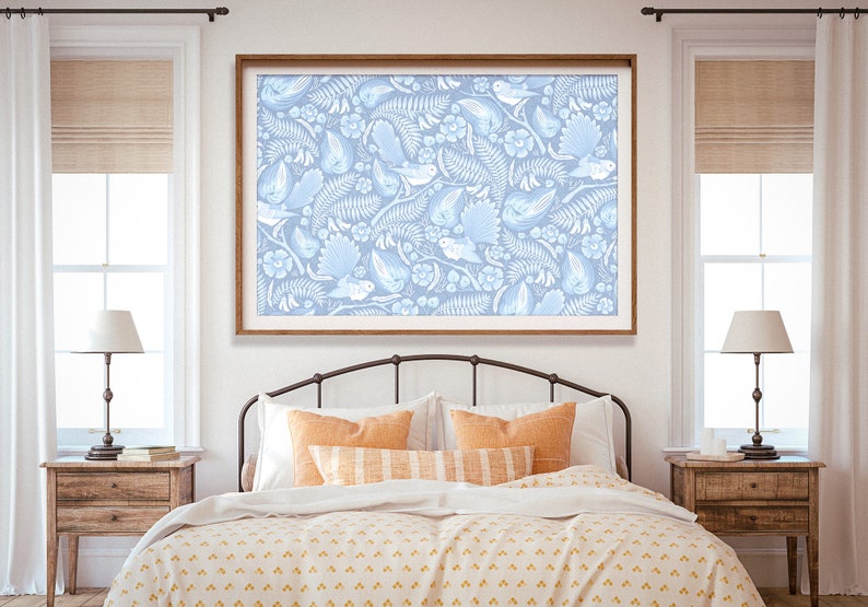 Konsttryck med solfjäderstjärt, Nya Zeeländsk konst, Blommönster, Kowhai-blomma, Lila konst, Stor konst, Giclée-tryck, Kiwiana Ice