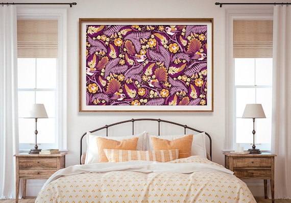 Fantail Art Print, New Zealand Art, Floral Design, Kowhai Flower, Purple Art, Large Art, Giclee Print, Kiwiana