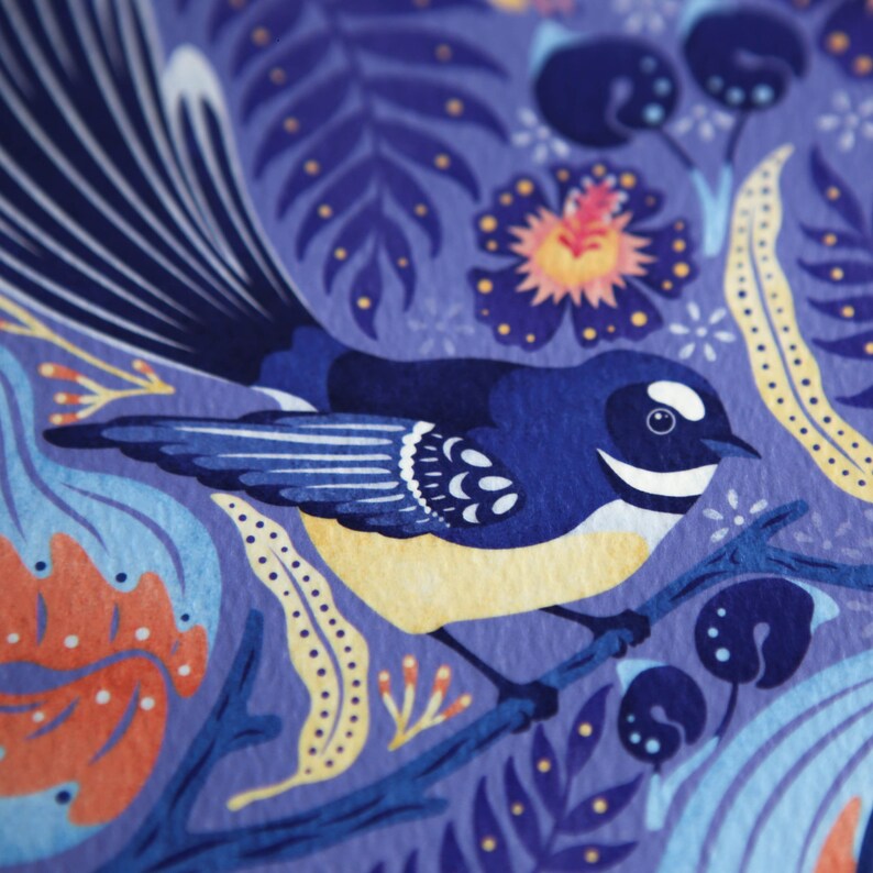 Fantail Art Print New Zealand Art Floral Design Kowhai Etsy