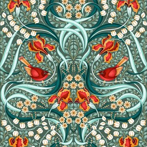 K&ouml;nnte beinhalten: Ein nahtloses Muster mit einem sich wiederholenden Design aus stilisierten Blumen, Bl&auml;ttern und V&ouml;geln. Der Hintergrund ist ein tiefes Tealgr&uuml;n, und die Blumen sind in Rot-, Orange- und Gelbt&ouml;nen gehalten. Die V&ouml;gel sind rot mit orangefarbenen Schn&auml;beln und sitzen auf den Zweigen der stilisierten B&auml;ume.