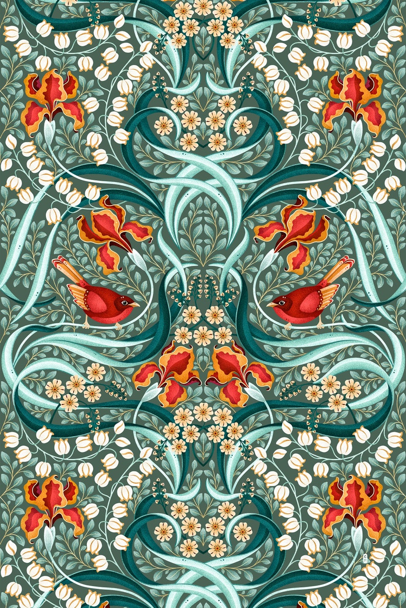 K&ouml;nnte beinhalten: Ein nahtloses Muster mit einem sich wiederholenden Design aus stilisierten Blumen, Bl&auml;ttern und V&ouml;geln. Der Hintergrund ist ein tiefes Tealgr&uuml;n, und die Blumen sind in Rot-, Orange- und Gelbt&ouml;nen gehalten. Die V&ouml;gel sind rot mit orangefarbenen Schn&auml;beln und sitzen auf den Zweigen der stilisierten B&auml;ume.