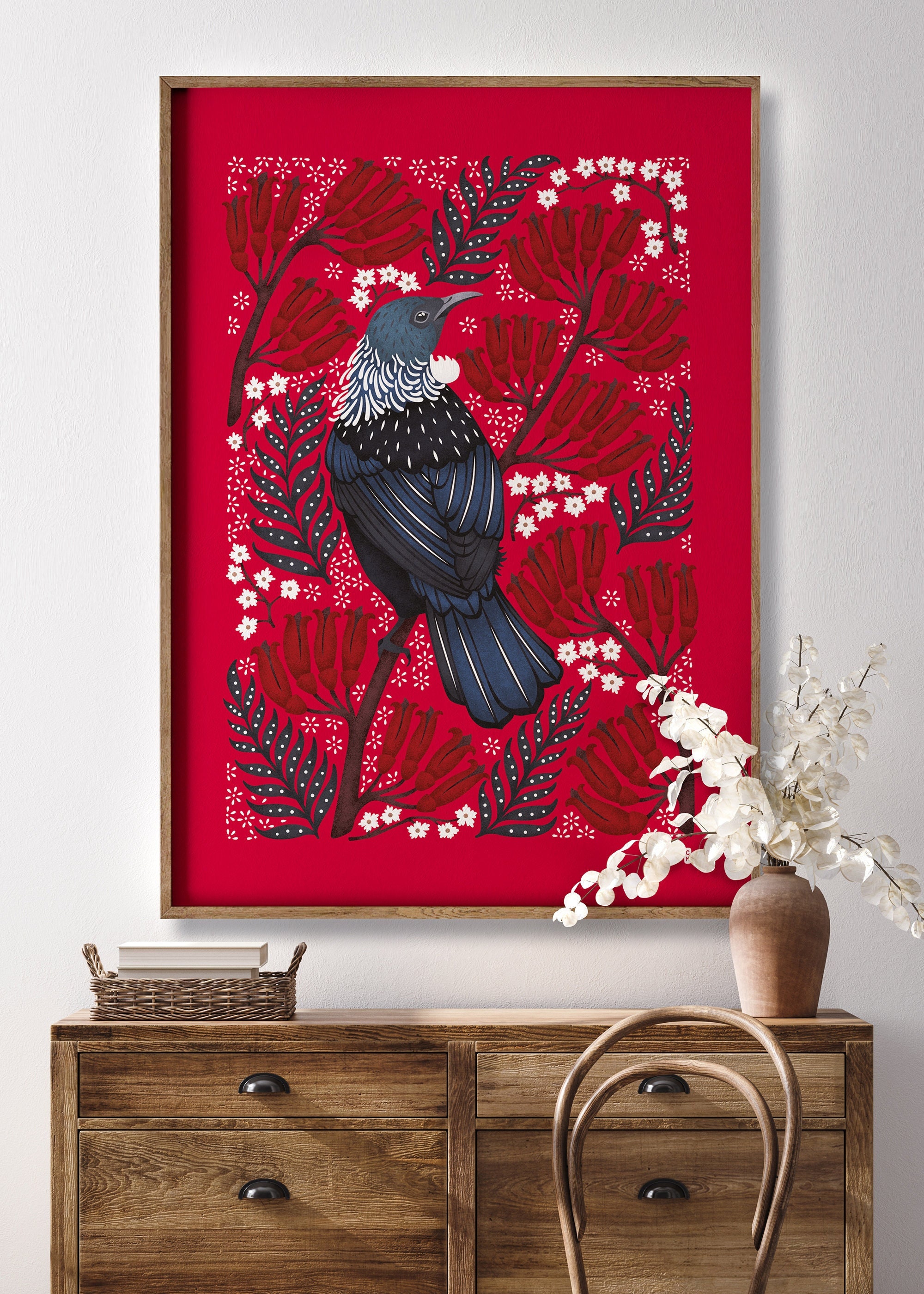 Tui Art Print, Arte de Nueva Zelanda, Diseño floral, Impresión de arte grande, Kiwiana