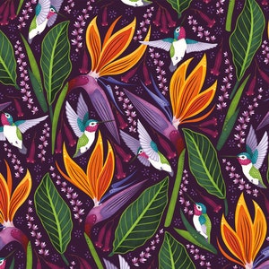 Hummingbirds Print, 4 Colorways, Colourful Art, Home decor, Bird of Paradise Flower, Large Art Print Deep Purple