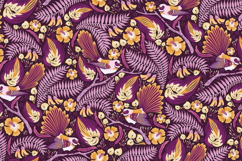 Konsttryck med solfjäderstjärt, Nya Zeeländsk konst, Blommönster, Kowhai-blomma, Lila konst, Stor konst, Giclée-tryck, Kiwiana bild 6