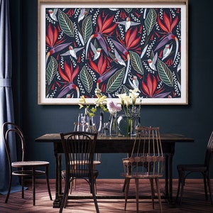 Hummingbirds Print, 4 Colorways, Colourful Art, Home decor, Bird of Paradise Flower, Large Art Print image 3