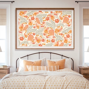 Konsttryck med solfjäderstjärt, Nya Zeeländsk konst, Blommönster, Kowhai-blomma, Lila konst, Stor konst, Giclée-tryck, Kiwiana Peach