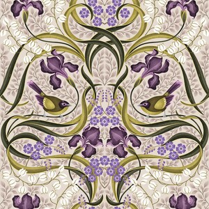 K&ouml;nnte beinhalten: Ein florales Muster im Vintage-Stil mit violetten Iris, wei&szlig;en Maigl&ouml;ckchen und blauen Vergissmeinnicht. Das Muster ist auf einem cremefarbenen Hintergrund gehalten und zeigt komplizierte gr&uuml;ne Ranken und Bl&auml;tter.