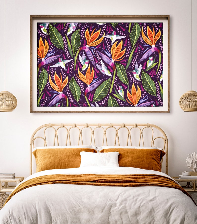 Hummingbirds Print, 4 Colorways, Colourful Art, Home decor, Bird of Paradise Flower, Large Art Print image 7