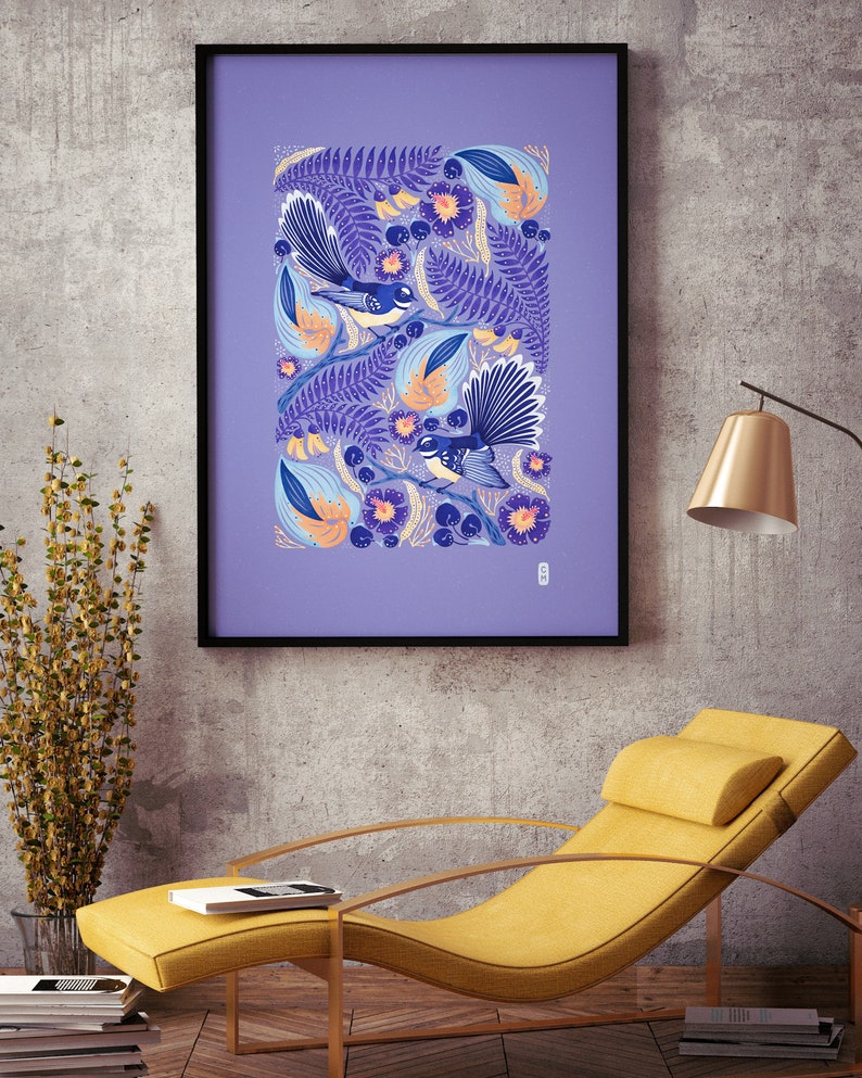Fantail Art Print New Zealand Art Floral Design Kowhai Etsy