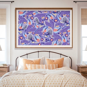 Konsttryck med solfjäderstjärt, Nya Zeeländsk konst, Blommönster, Kowhai-blomma, Lila konst, Stor konst, Giclée-tryck, Kiwiana Lavender