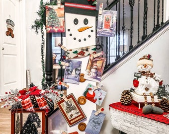 Snowman Christmas Card Holder, Holiday Card Display, Wooden Snowman