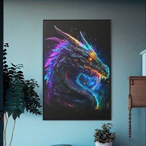 Amazing Neon Dragon Wall Art Canvas - Neon Wall Art - Oversized Luxury Wall Art For Home Office Kitchen Entrance Floating Frame
