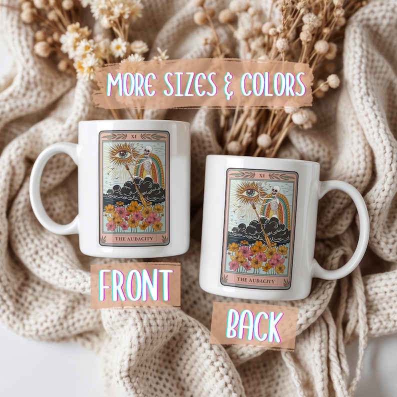 Two white ceramic mugs with a tarot card design featuring an eye, rainbow, and flowers. Gift for him. Gift for her. Birthday gift. Christmas present. 11oz and 15oz, several colors. Unique custom made coffee mug. Best friend mugs. Coffee lover. Secret santa. Coworker gift exchange. Stocking stuffer. White elephant. Novelty cup Dishwasher safe & microwave safe