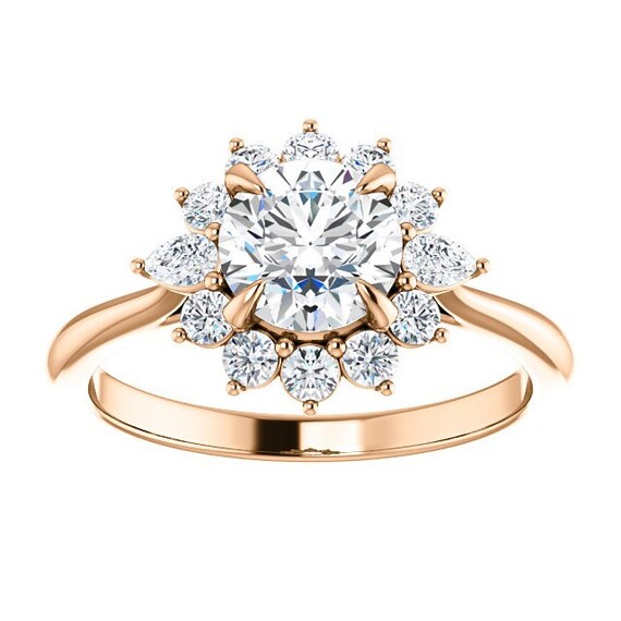 Flower Halo Engagement Ring 14k Rose Gold Moissanite Ring Etsy Flower Halo Engagement Ring 14k Rose Gold Moissanite Ring Etsy