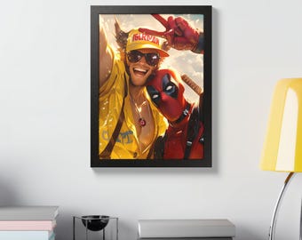 Póster enmarcado de Wolverine y Deadpool haciéndose un selfie / Arte de superhéroes inspirado en los cómics