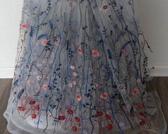 High Quality White Mesh Blue Embroidered Tulle Fabric DIY Wedding Prom Party Dress  Table Cover, Blind By The Yard