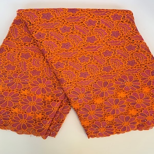 Orange Guipure African Lace With Rhinestones 5 yards