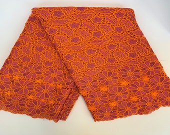 Orange Guipure African Lace With Rhinestones 5 yards