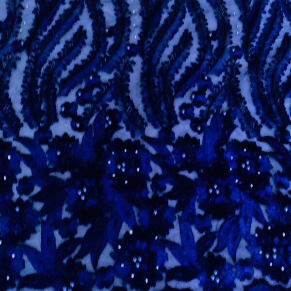 Royal Blue African Beaded Wedding Lace 5yards