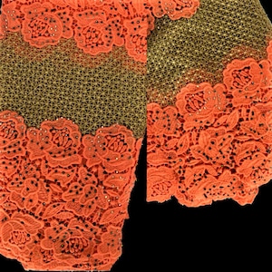 Orange Green Guipure Lace Fabric With Rhinestones. African Lace 5 Yards