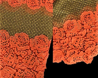 Orange Green Guipure Lace Fabric With Rhinestones. African Lace 5 Yards