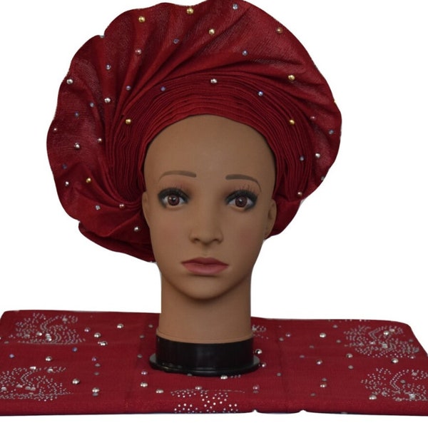 Dark Red Aso Oke Auto Gele & Plain  Gele African Headtie  Different Price