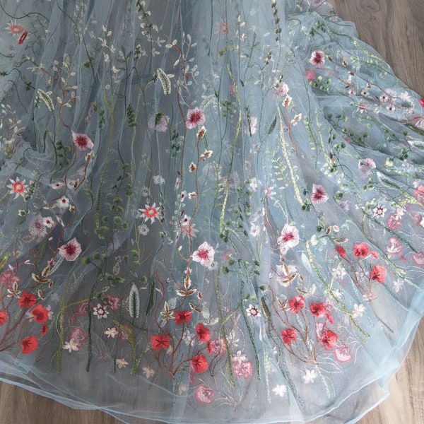 High Quality Powder Blue Embroidered Tulle   Wedding Prom Party Dress  3/4 Yard  (27 inches) Left