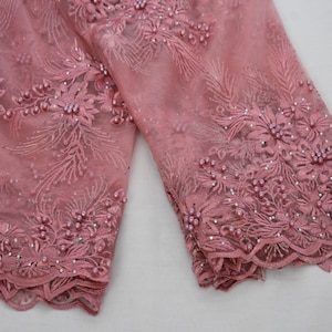 Beaded Lace Fabric. African Lace Asoebi In Pink and Gray Colors Price / 5yards