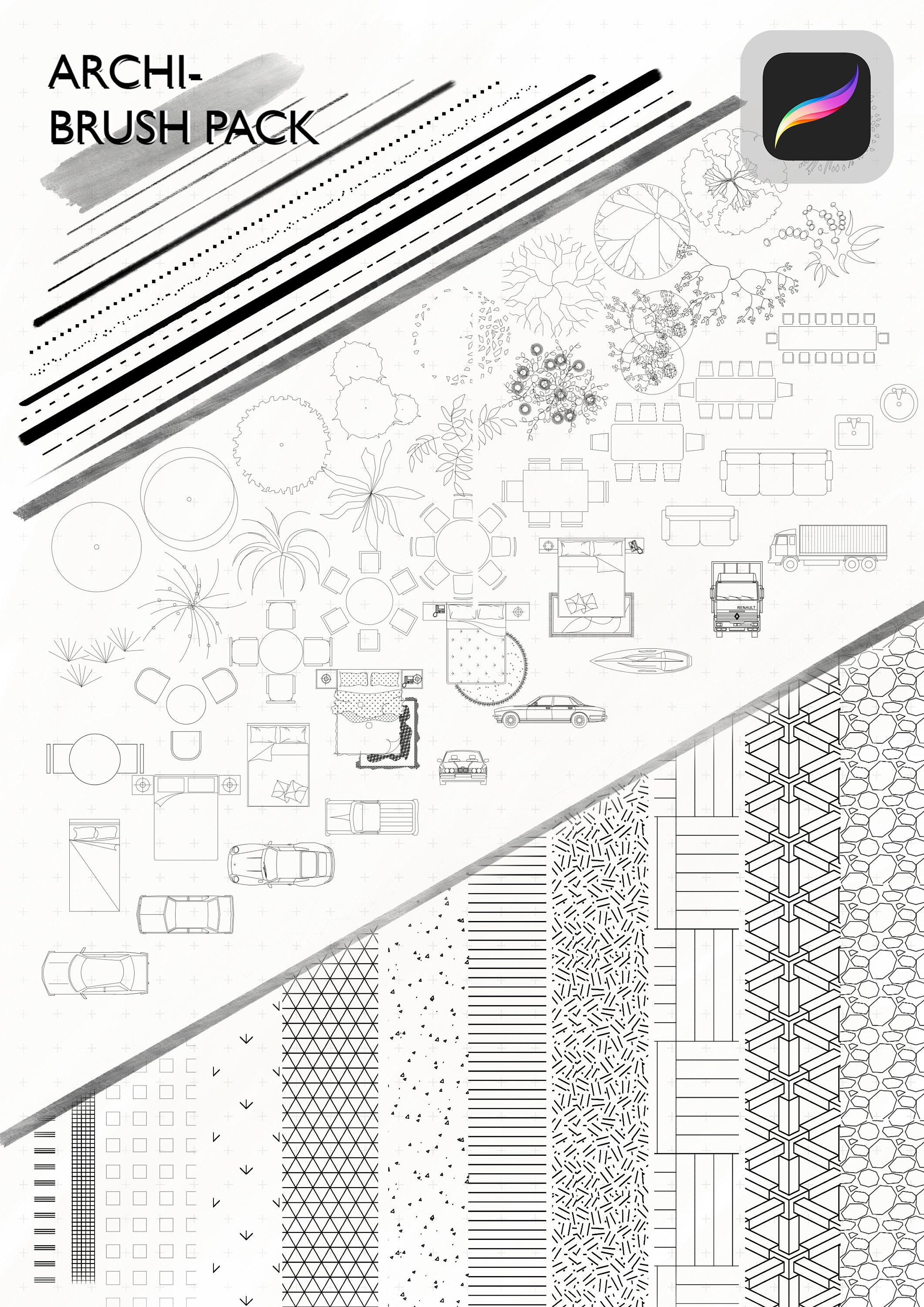 Pack de pinceles de arquitectura para Procreate: tramas, bloques, tipos de línea y plumas (v4.1, 1000+)