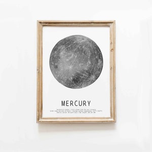 Handgemalter Planet Merkur Kunstdruck | Sonnensystem Drucke | lehrreiche Wandkunst für Schule | Kinderzimmer Dekor | Weltraum Serie Poster
