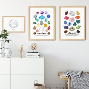 Puede incluir: Dos ilustraciones de acuarela enmarcadas de gemas y minerales. Las ilustraciones est&aacute;n en un marco blanco con un acabado de madera clara. Las ilustraciones est&aacute;n colgadas en una pared blanca. La ilustraci&oacute;n de las gemas presenta una variedad de gemas coloridas, incluyendo amatista, turquesa y rub&iacute;. La ilustraci&oacute;n de los minerales presenta una variedad de minerales coloridos, incluyendo cuarzo, calcita y pirita.