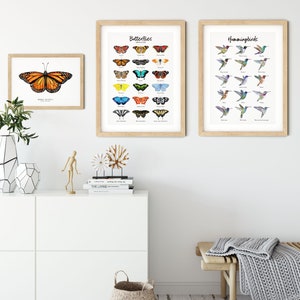 May include: Three framed prints of butterflies and hummingbirds. The prints are on a white wall with a white dresser and a wooden bench with a gray blanket. The prints are all in a light wood frame.