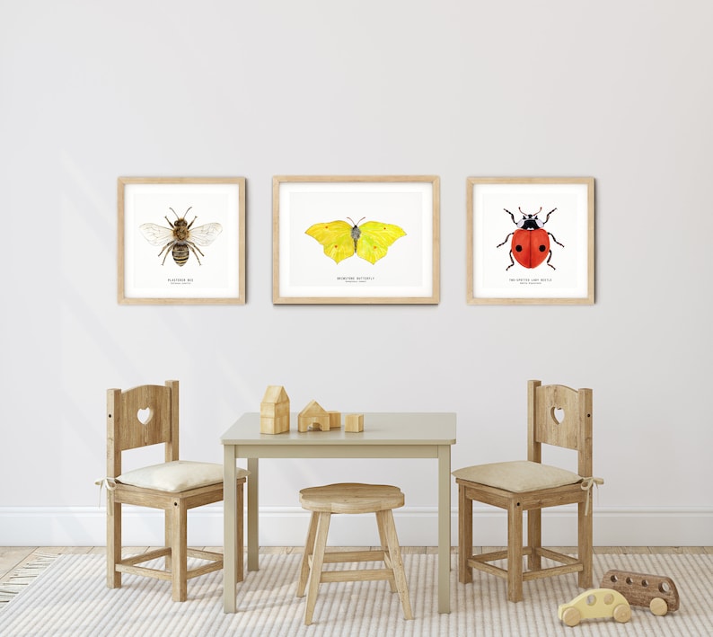 May include: Three framed illustrations of insects: a bee, a butterfly, and a ladybug. The frames are light wood and the illustrations are on white paper. The bee is brown and black, the butterfly is yellow, and the ladybug is red with black spots. The illustrations are hanging on a white wall above a wooden table and chairs.