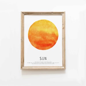 Impression d'art soleil peinte à la main | Impressions du système solaire | Art mural éducatif pour l'école à la maison | Décoration de chambre d'enfant | Affiche de la série Espace | Imprimés étoiles