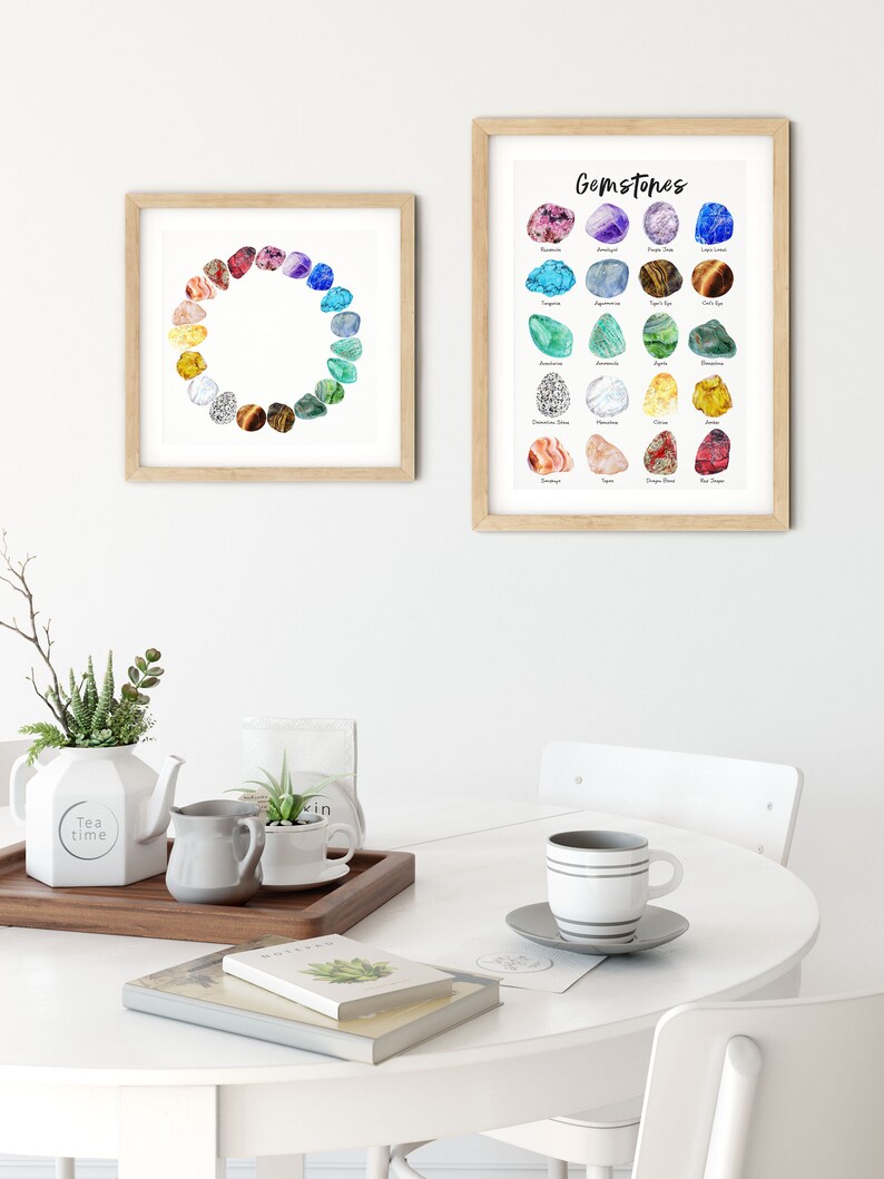 May include: Two framed prints of watercolor illustrations of gemstones. The print on the left shows a circle of gemstones in a rainbow color order. The print on the right shows 24 individual gemstones with their names listed below each.
