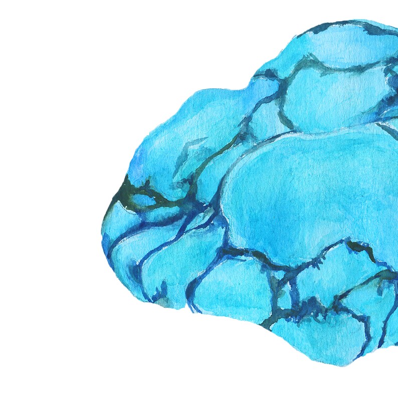 May include: A blue and green watercolor painting of a rock with a rough, textured surface.