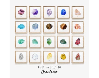 Rainbow of hand painted polished gemstones | Set of 20 art prints | Art collection | Crystal wall art | Gift ideas | Home décor | Quartz art