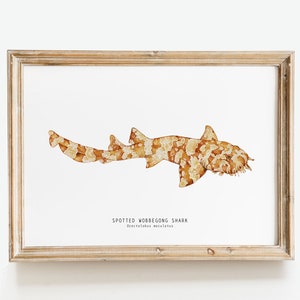 Impresión artística de acuarela de tiburón wobbegong moteado / póster de arte de pared de naturaleza / decoración del hogar de la sala de estar oceánica / regalo de Orectolobus maculatus