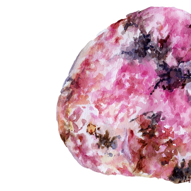 May include: Watercolor painting of a pink and brown rock with a rough texture. The rock has a variety of shades of pink, brown, and white.